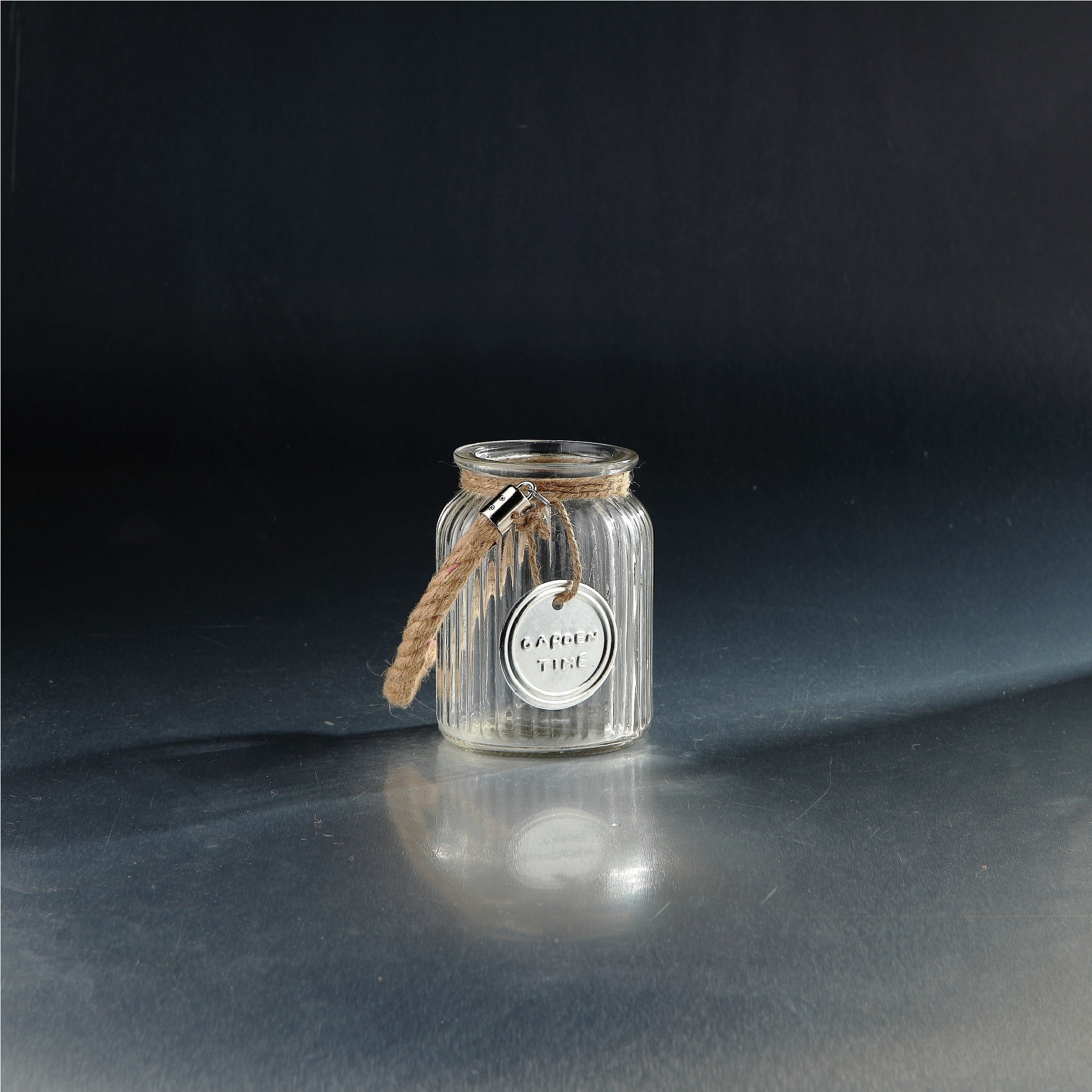 6" Clear Jar Shaped Ribbed Glass Vase with Rope Handle