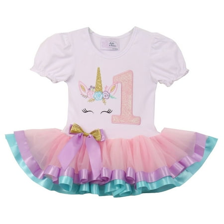 Baby Girls Cute Short Sleeve Unicorn Number Birthday Party Girl Tutu Dresses Pink 1 YR (TUC19C06N)