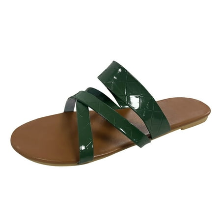 

Mackneog Ladies Flat Slippers Round Top Face Cross Strap Casual Beach Sandals Gift on Clearance