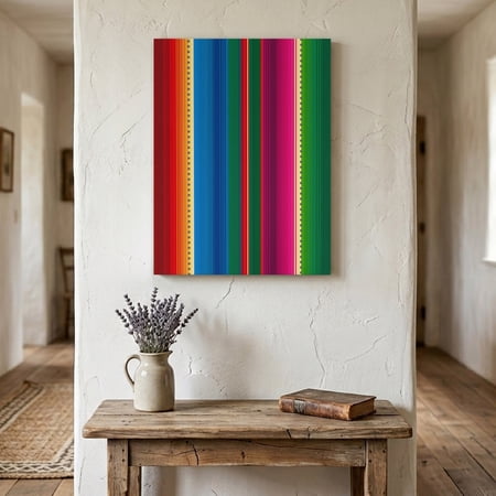 Ships Next Day Canvas Wall Art 16 x24 Mexican Stripes Wood Framed Canvas Print Painting Blue Boho Red Green Orange Art Simple Ready to Hang Picture Wall Decor for Home Bedroom Living Room Dining