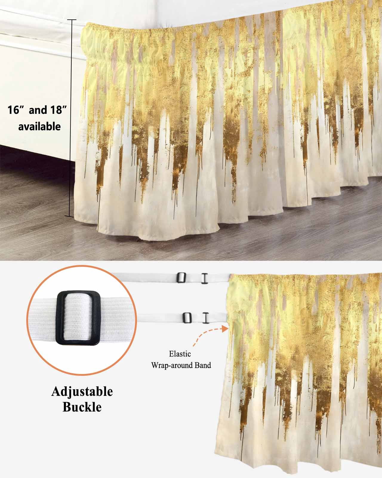Abstract Gold Wrap Around Bed Skirts for Queen Bed 18" Drop,Bed Skirt with Adjustable Elastic Belt Dust Ruffle Bed Valance for Bedroom Hotel Luxury Modern Brush Luxury Strokes Artwork Bed Frame Cover