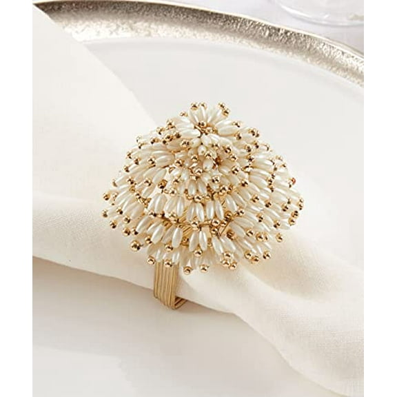 Fennco Styles Hand Beaded Flower Shaped Metal Napkin Rings, Set of 4 - Gold Floral Decorative Napkin Holders for Christmas, Home, Dining Room, Banquet, Family Gathering, Holiday and Special Occasion