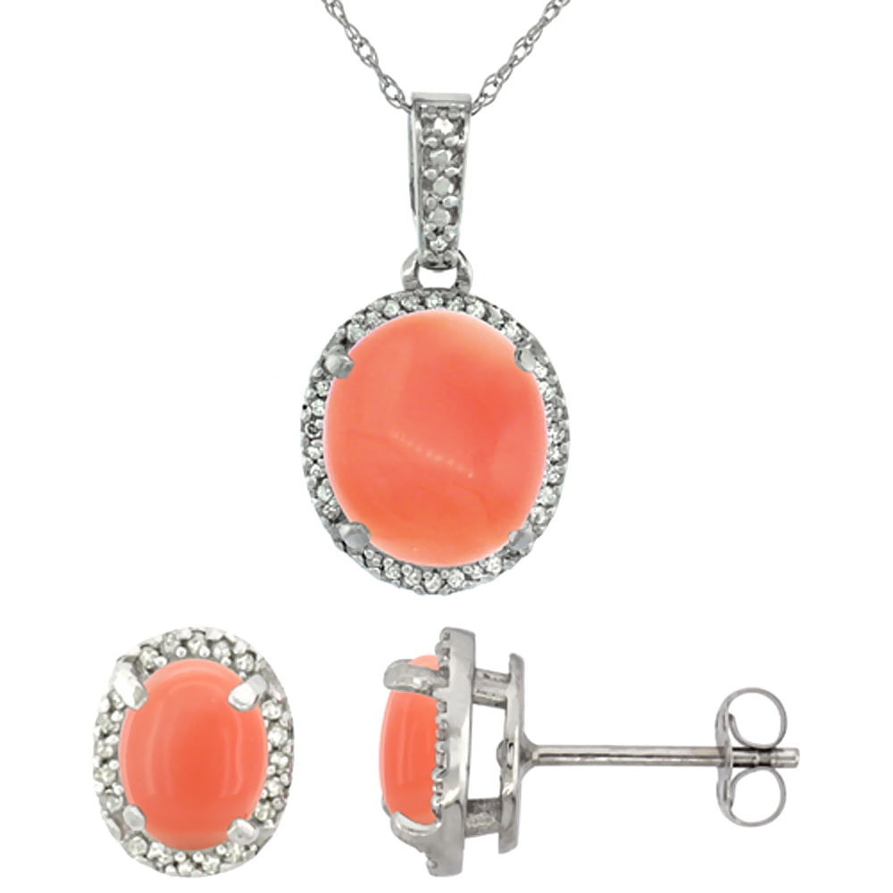 10K White Gold Natural Oval Coral Earrings & Pendant Set Diamond Accents by WorldJewels