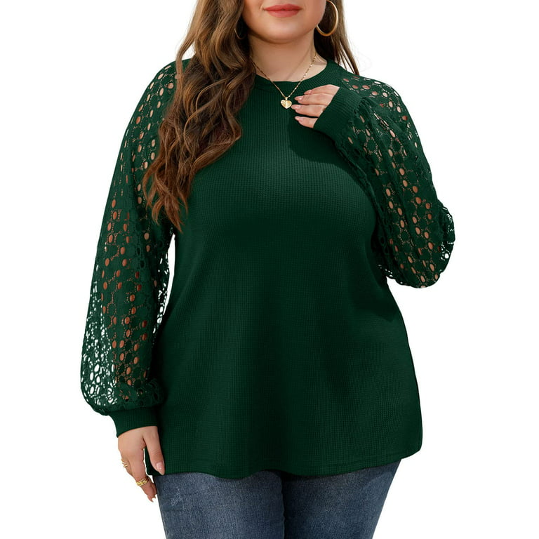 JWD Plus Size Tops For Women Lace Sleeve Blouse Waffle Knit Long Sleeve  Shirts Dark Green-2X