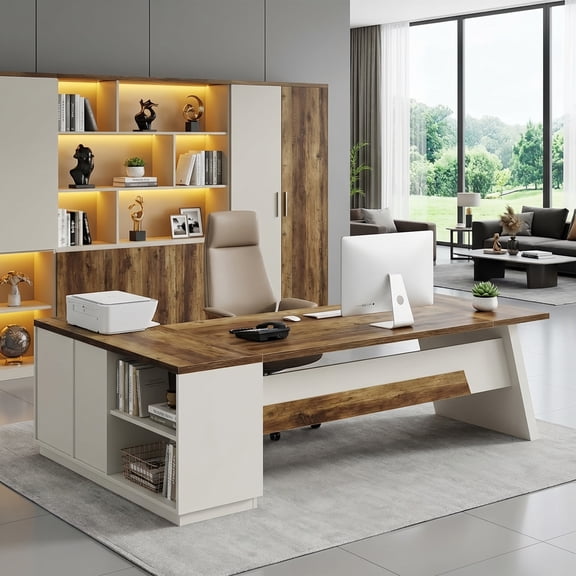 Modern L-Shaped Executive Desk 78-Inch Large Office Desk with Lateral File Cabinet and Storage Shelves Home Office Workstation Walnut Black