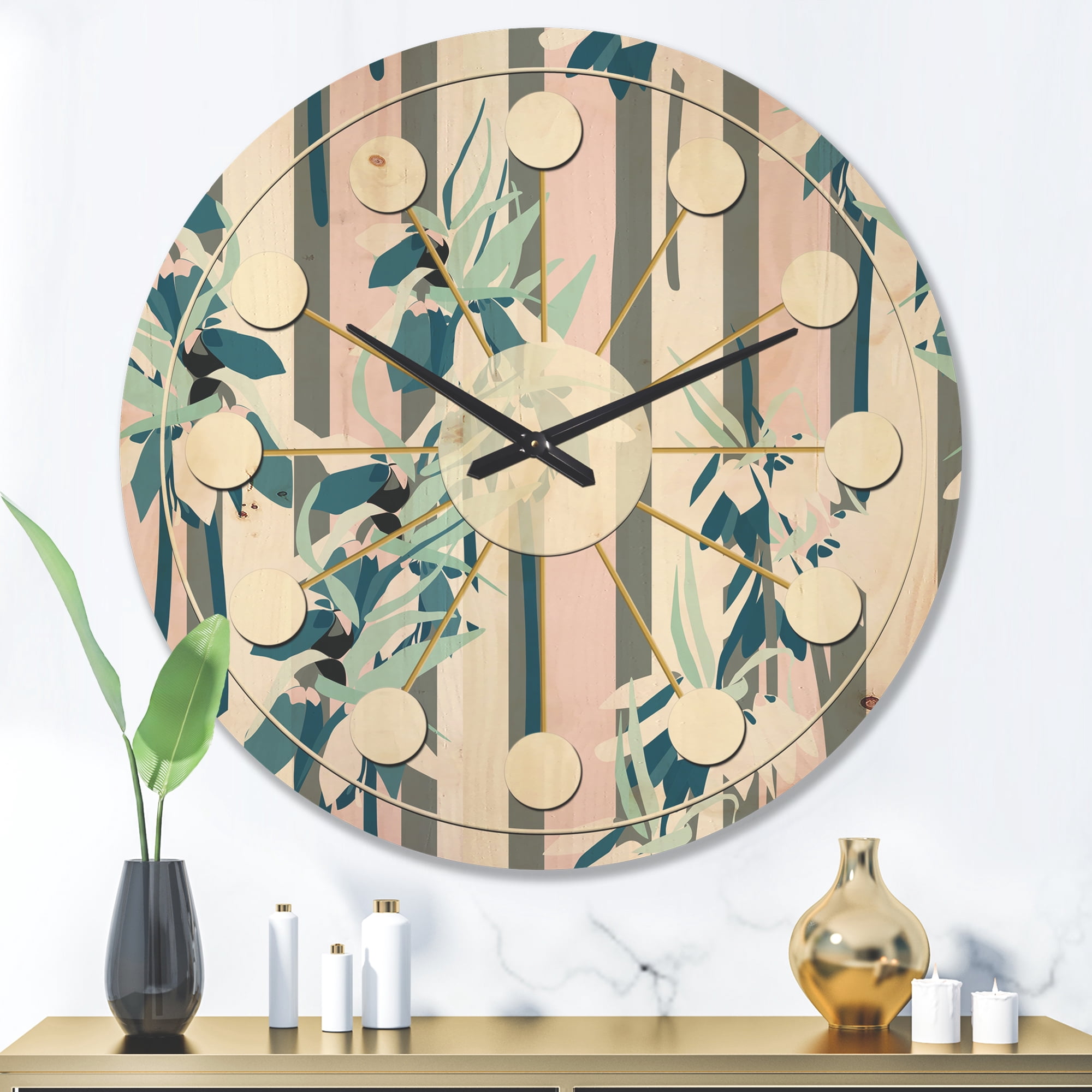 Designart 'Retro Lilies Flowers' Mid-Century Modern Wood Wall Clock