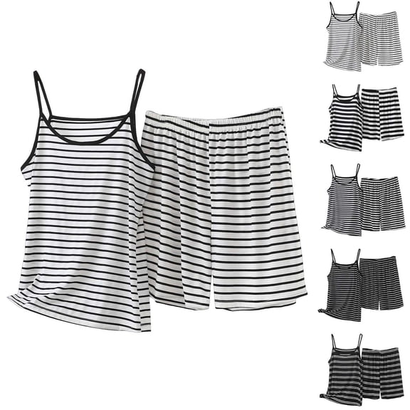 Outfits for Women 2 Piece Sets Plus Size Striped Crew Neck Sleeveless Suspenders Wide Leg Shorts Women Outdoor Sport Outfits Lounge Sets