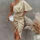 thumbnail image 2 of Vestido de mujer con un hombro al descubierto Túnica irregular Vestido largo Color sólido Traje de vacaciones FLhrweasw Nuevo, 2 of 9