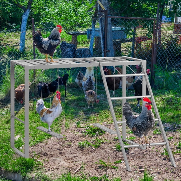 Chicken Perch & Swing Set for Coop, 4-Tier Metal Roosting Bars with 2 Swings for 8-10 Chickens, Outdoor Poultry Playground for Hen Health & Egg Quality, Grey