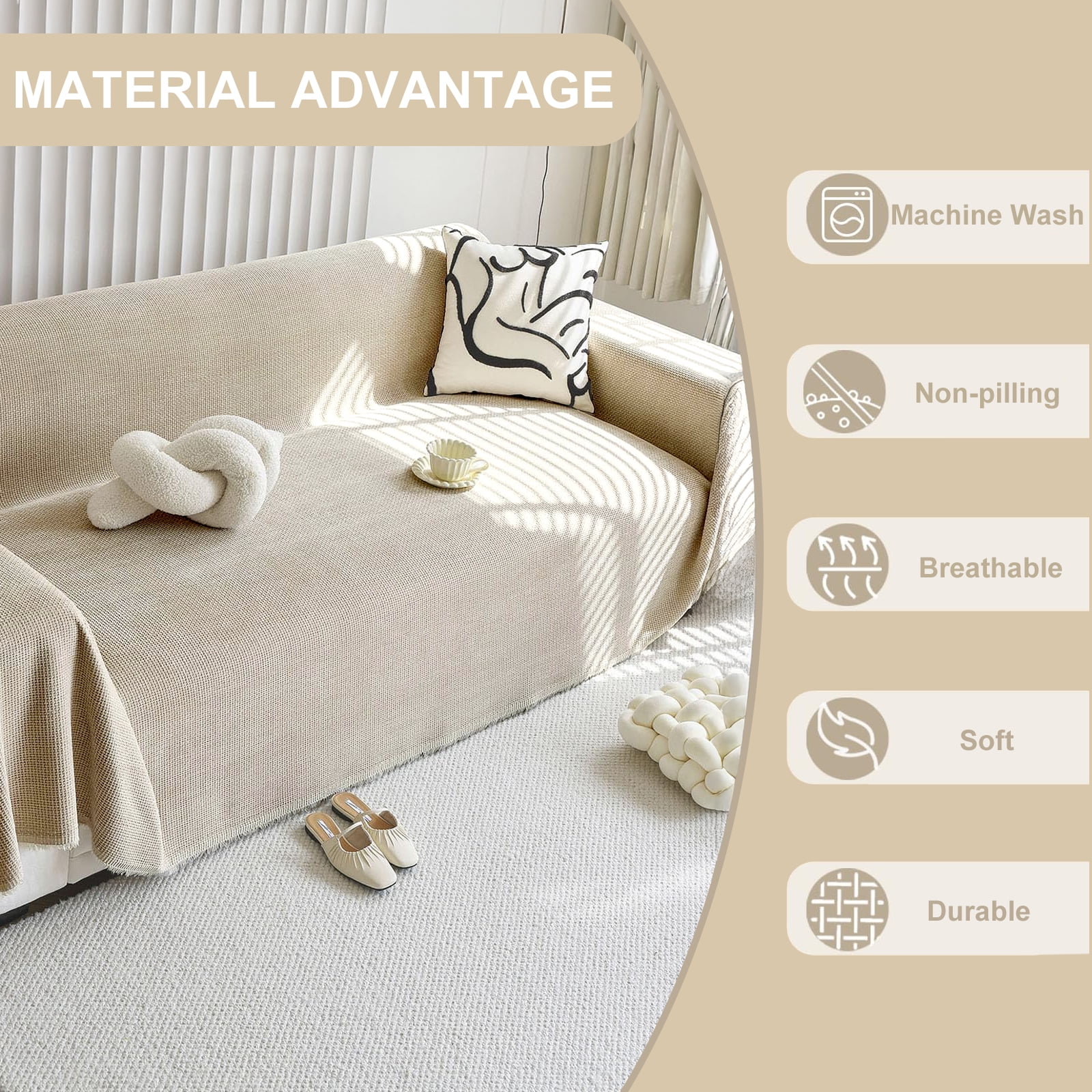 SANMADROLA Sofa Cover Chenille Couch Covers, Corduroy Jacquard Non Slip Couch Sofa Cover, Love Seat Couch Covers for 2 Cushion Couch, Furniture Protector for Dogs, Pets, 71"x118", Khaki
