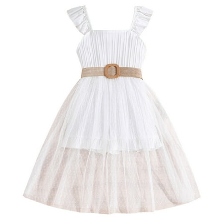 

Little Girls Dress Toddler Summer Fly Sleeve Solid Color Lace Princess Dress Dance Party Dresses Clothes Kids Baby Sweet Sundress Outwear Leisure Dailywear
