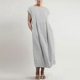 thumbnail image 2 of CHOK Robe d'Été Plage 2022 Décontractée pour Femmes Col Rond Manches Courtes Solide Ample Midi Soleil Vintage Coton Lin avec Poches, 2 of 7