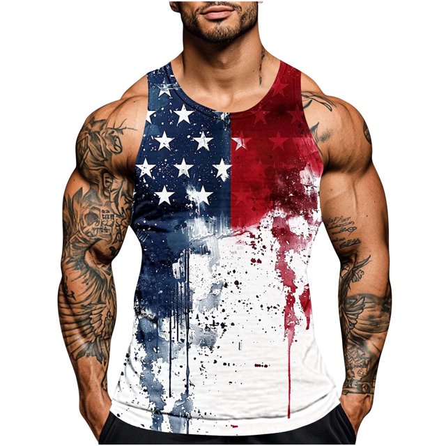 Mens Independencia Día de la Impresión Cuello Redondo Regular Casual Deportes Tanque Blusas