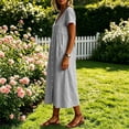 thumbnail image 5 of Horkkom Midi Dresses for Women V Neck Short Sleeve Solid Color Linen Dress Summer Loose Casual Dresses, S-2XL, 5 of 6
