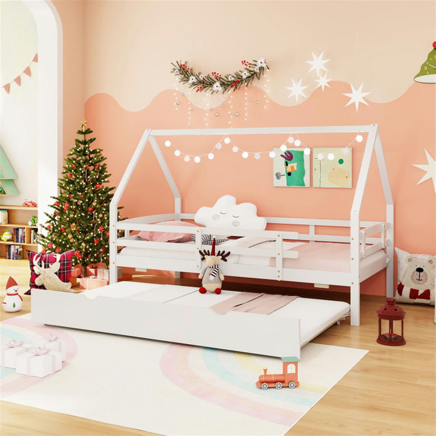 Demi Bonn Twin House Bed Frames with Trundle and Fence Rail, Modern Platform Bed Frames for Teens, White