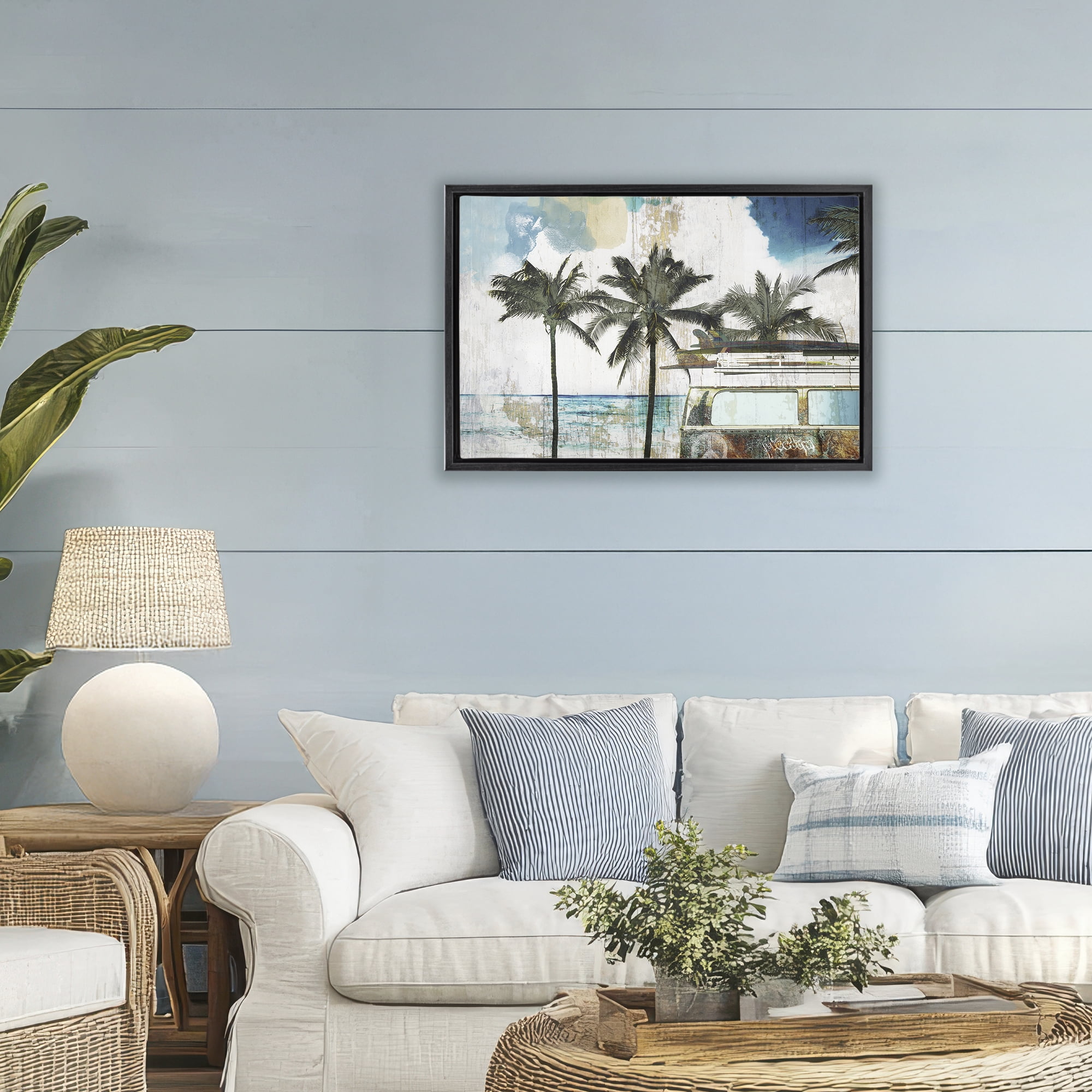 Beach Day Retro Vacation Black Framed Floater Canvas Wall Art, design by Sasha