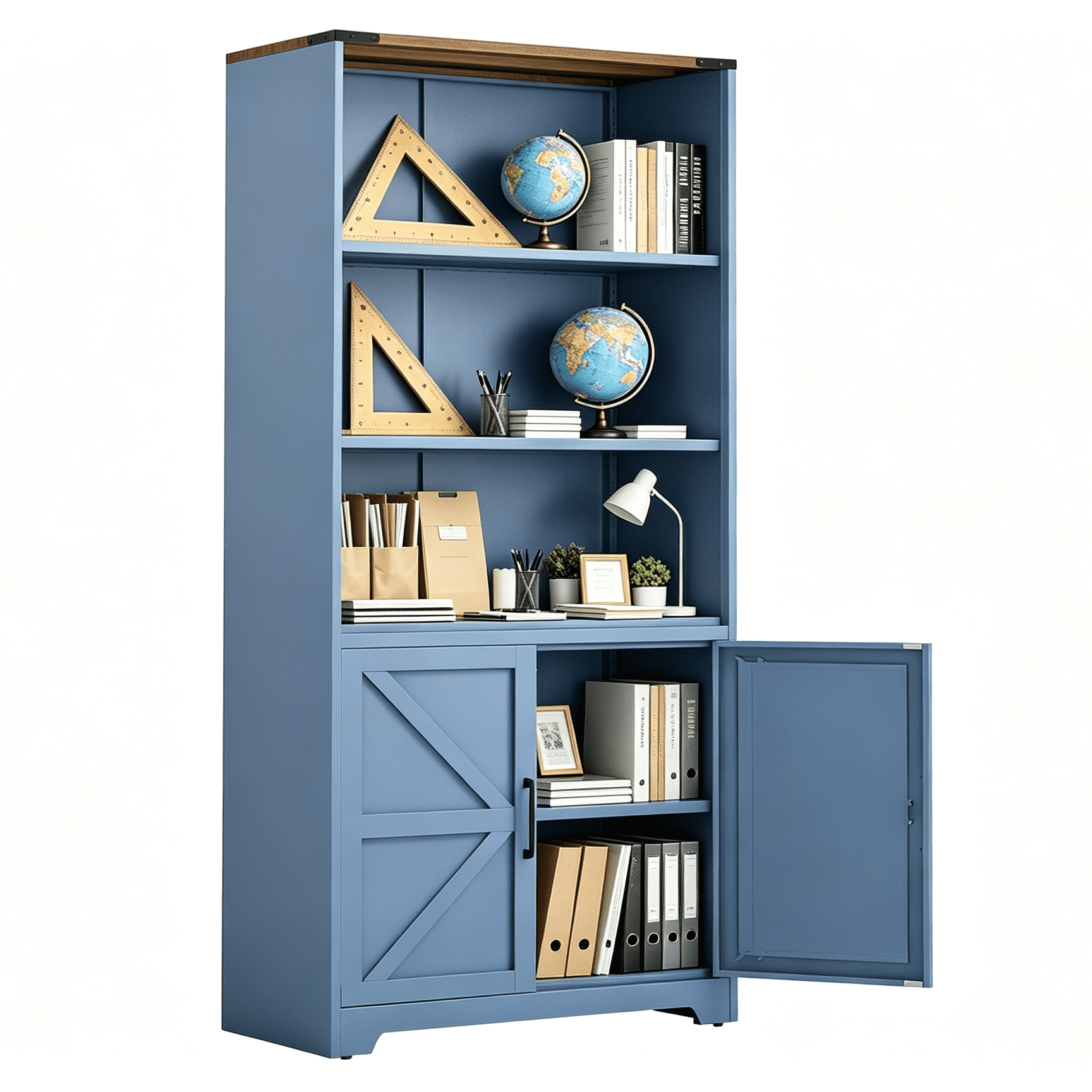 3-Tier Barn Door Display Case, 69.7x31.5x15.4 Inches, Steel Display Case With Vintage Blue And Contrasting Wood Grain