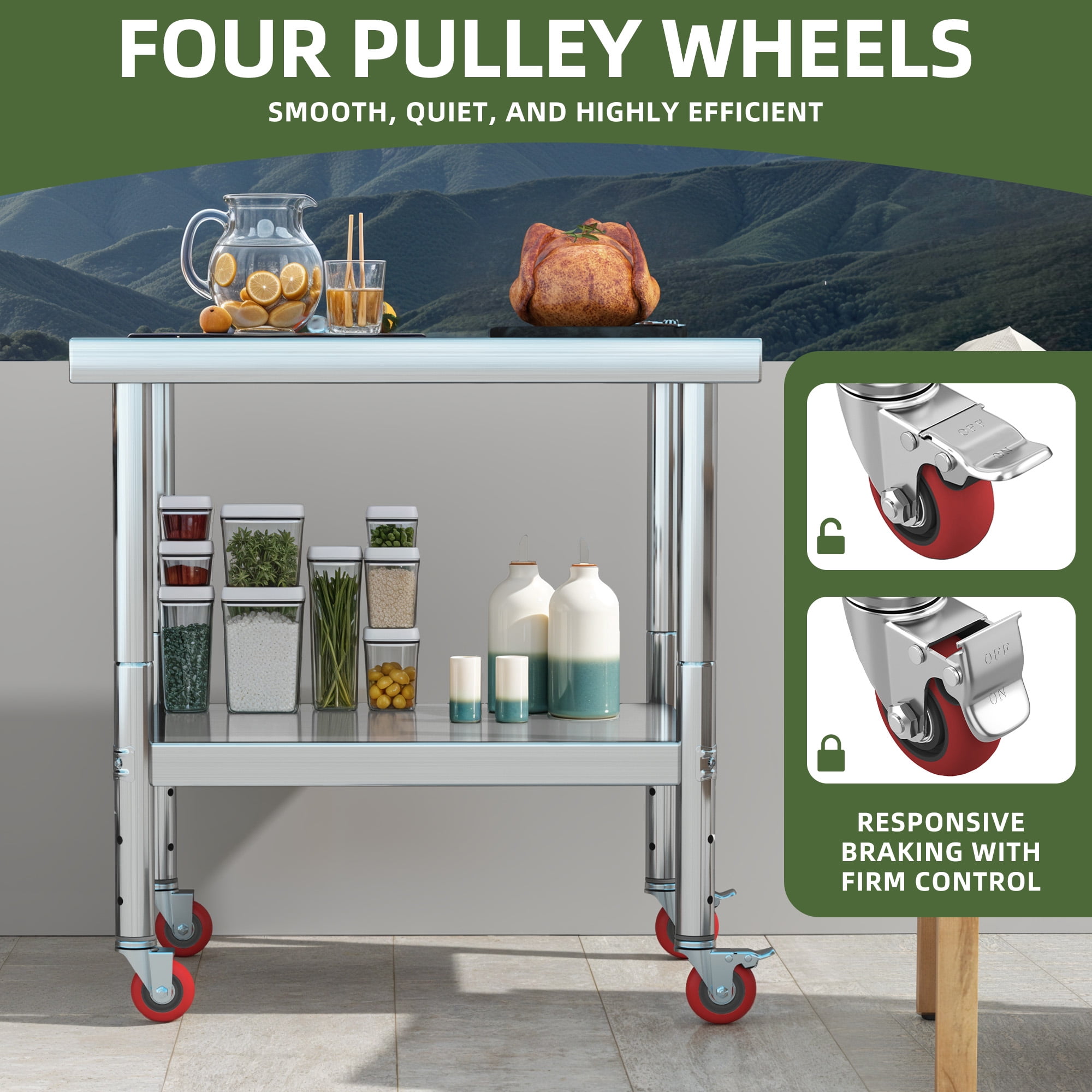 Uforic 30" x 24" Stainless Steel Work Table with Wheels for Home, Kitchen, Restaurant, Garage, Warehouse, and Outdoor Use