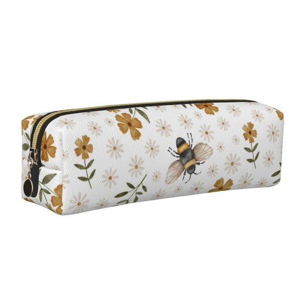 Fotbe Bees And Flowers Estuche para Lápices de Cuero con Estampado, Estuche con Cremallera Resistente, Organizador Compacto y Elegante para Papelería