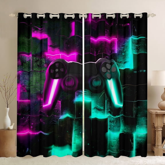 Homewish Futuristic Game Console Black Out Curtains, Purple Cyan Honeycomb Curtains Pack of 2 (42x63 Each), Teens Kids Boys Girls Bedroom Curtains, Black Out Curtains Room Decor