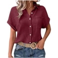 thumbnail image 3 of Auralook Women Solid Blouses Short Sleeve Button Down Shirts Turndown Collar Business Casual Dressy Work Tops Summer Spring Clothes, 3 of 7