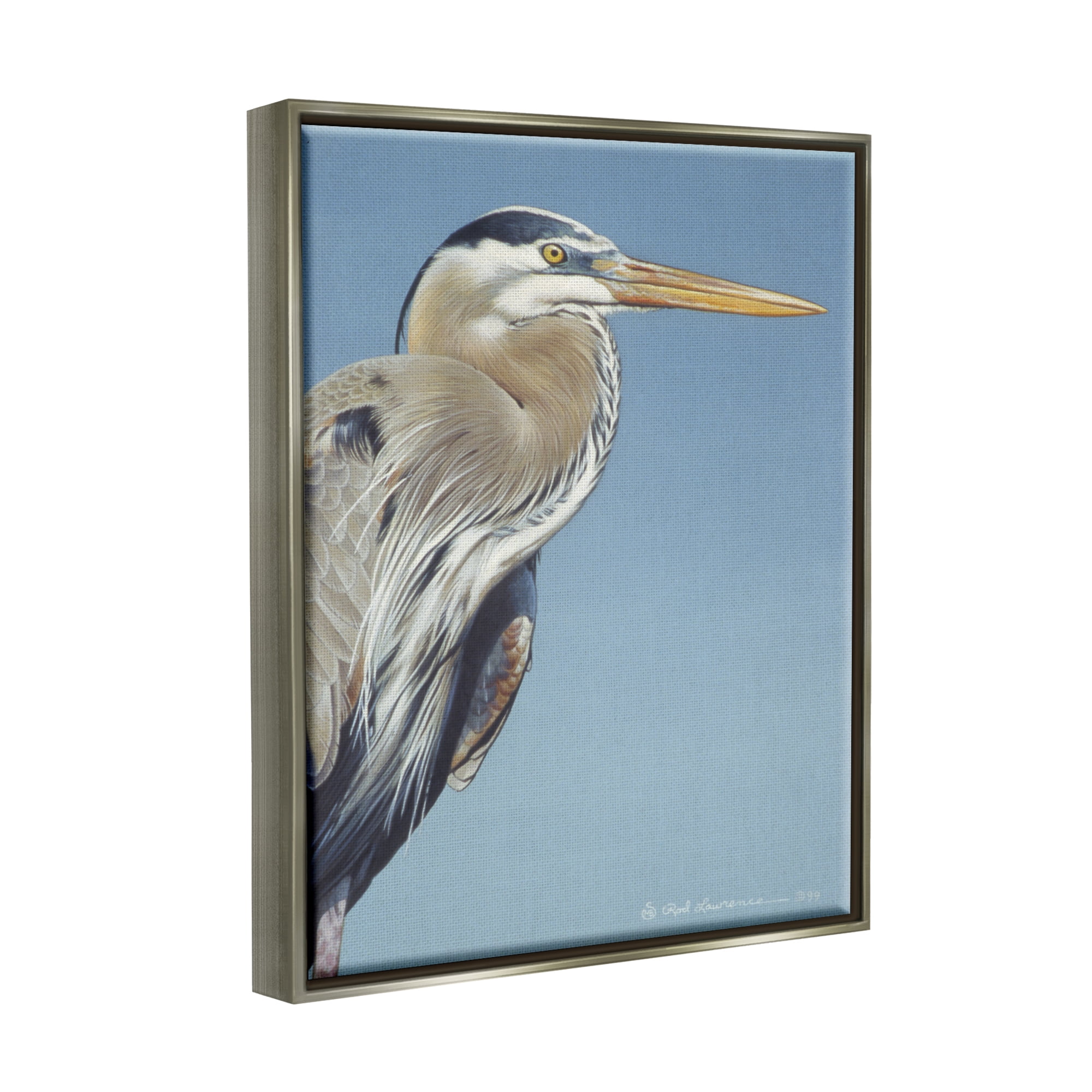 Stupell Industries Heron Portrait on Blue Animals & Insects Painting Gray Floater Framed Canvas Art Print Wall Art, 25 x 31