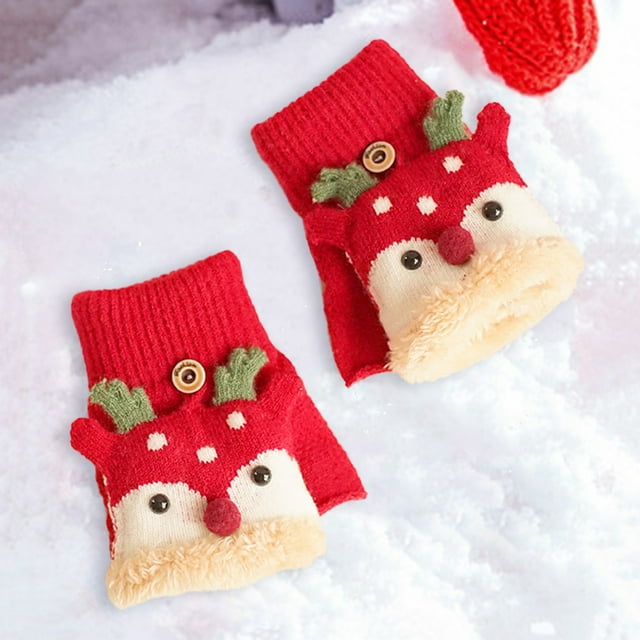 Children Winter Warm Casual Christmas Knit Cute Pattern Mittens Plus Velvet Flip Fingerless Multifunction Glove