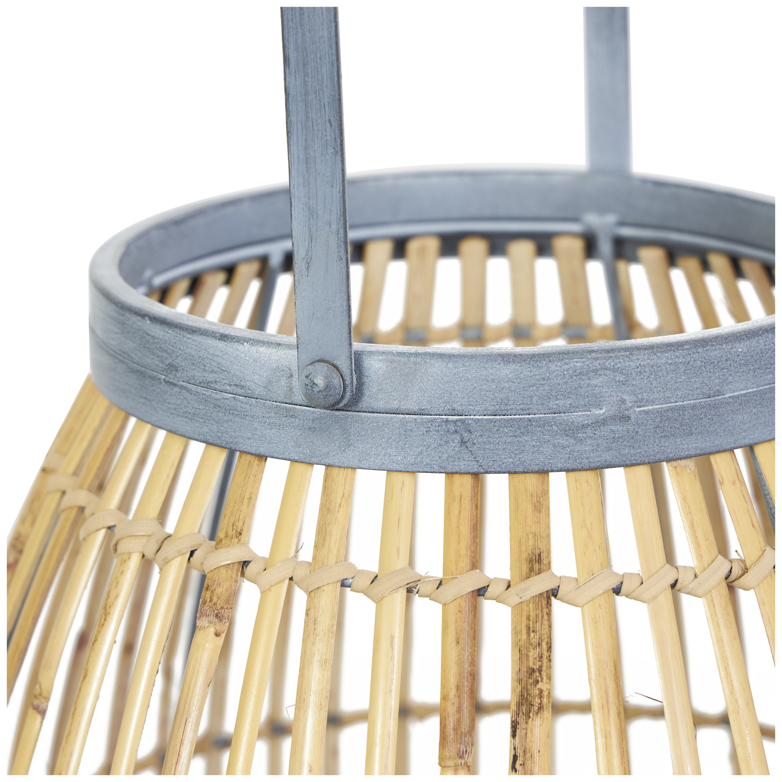 DecMode Brown Bamboo Handmade Woven Open Framed Caged Style Candle Lantern with Blue Metal Accents and Handle