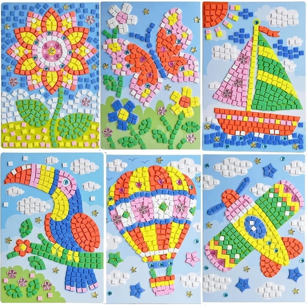 Kit de arte adhesivo de mosaico hecho a mano para niños, girasol, mariposa, velero, pájaro carpintero, globo aerostático, avión (paquete de 6)