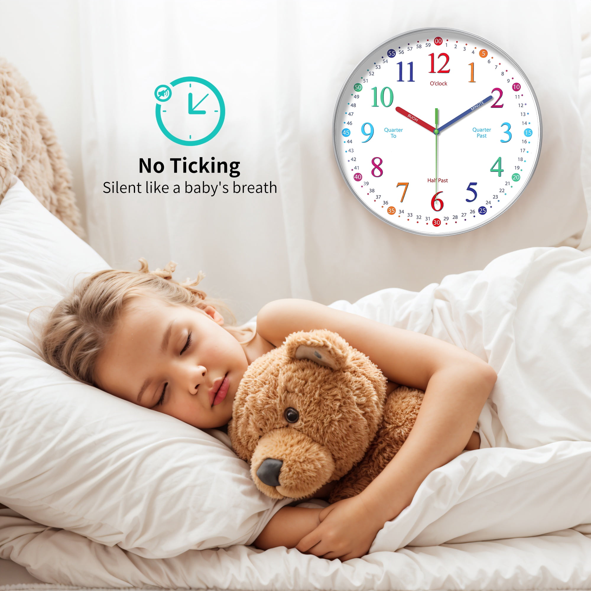 Unique Bargains Silent Wall Clock Non Ticking Battery-Powered White Pattern 3