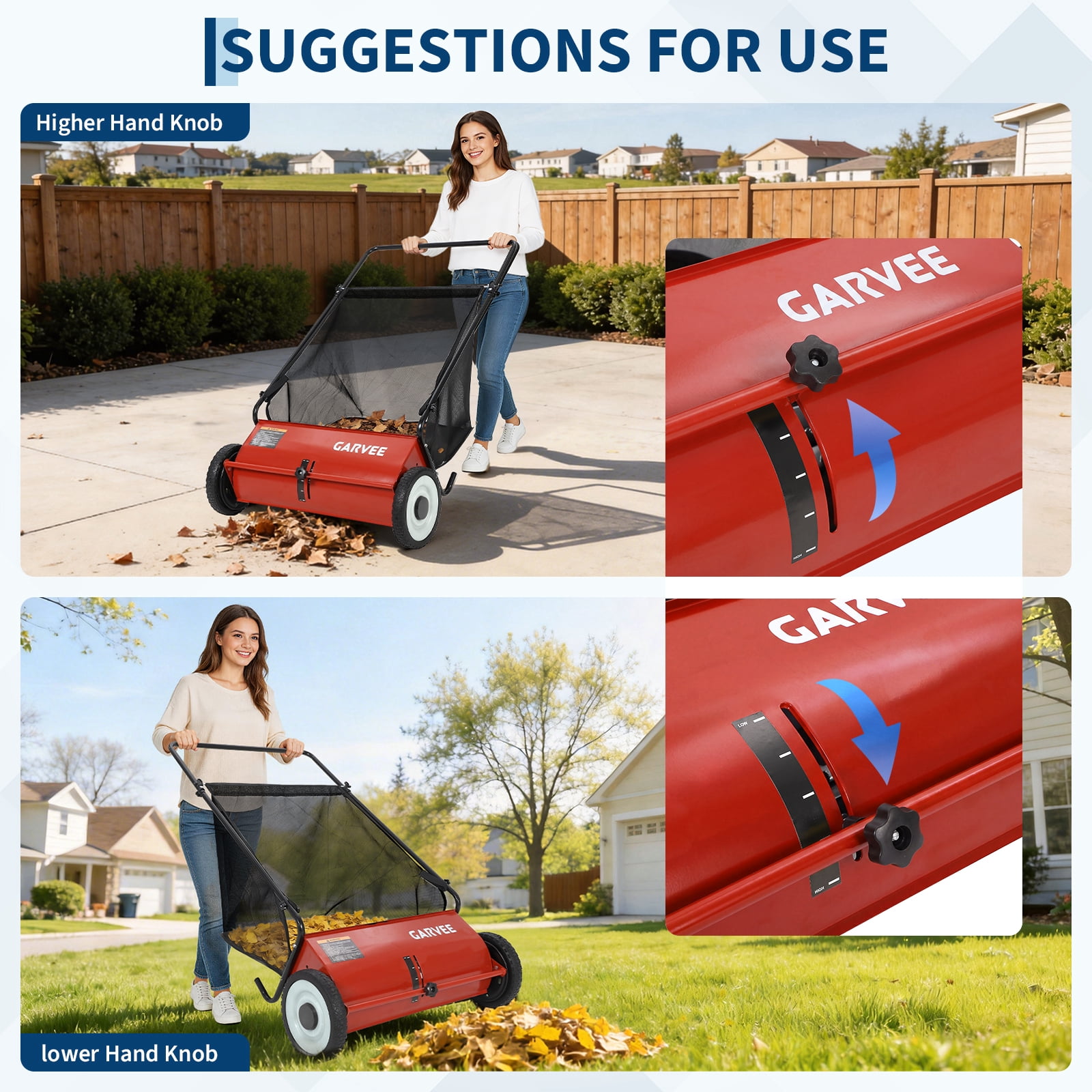 26" Heavy-Duty Push Lawn Sweeper, Leaf Sweeper for Lawn with 4 Spinning Brushes & Large Capacity Collection Bag, Adjustable Height Grass Clippings & Debris Collector for All Terrains, Red