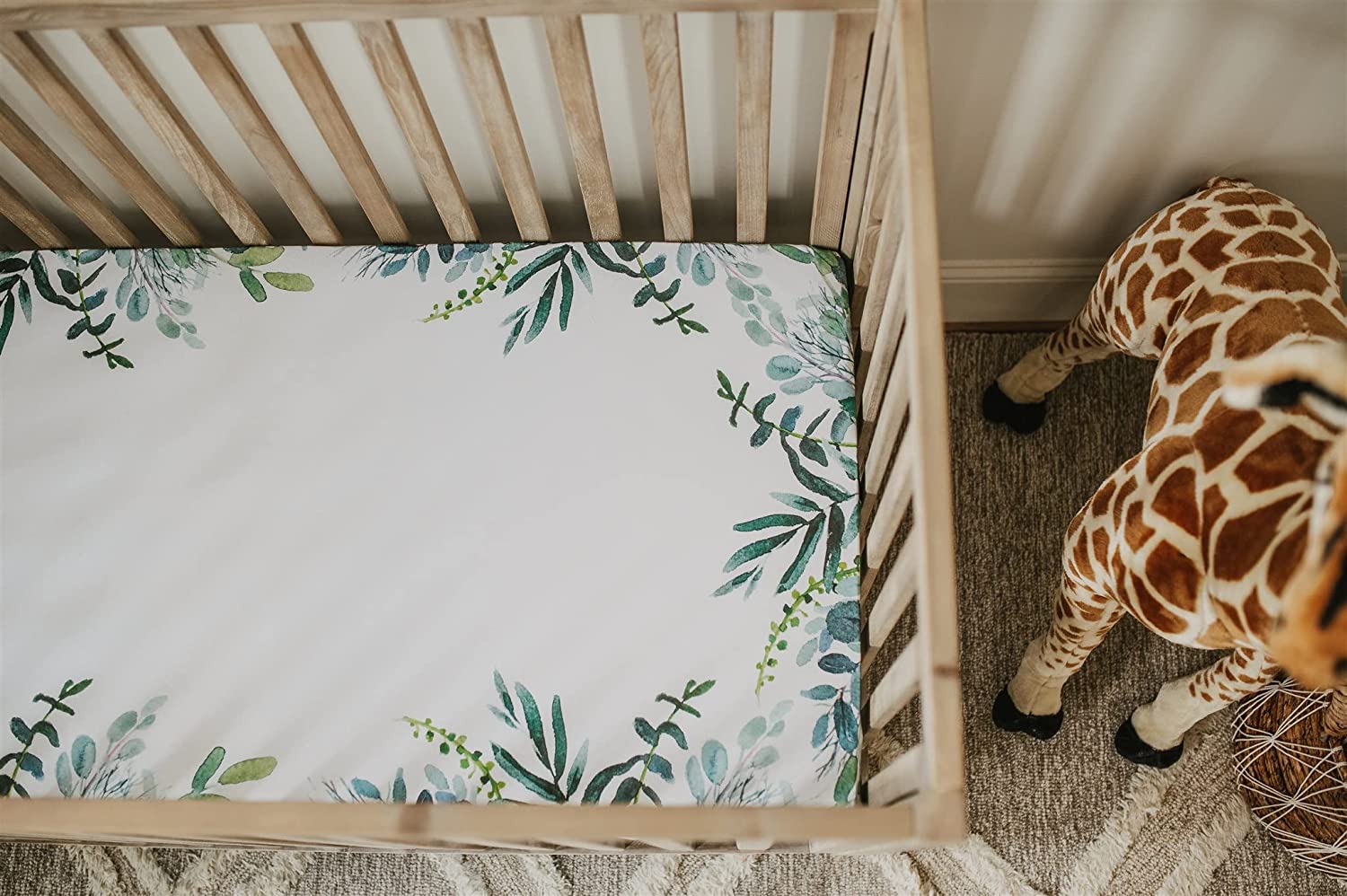 NODNAL CO. Green Leafy Cotton Crib Fitted Sheet Set, 100% OEKO-TEX Cotton, 3 Pieces, for Baby Girl or Boy Infant/Toddler Nursery Bedding, Gender Neutral Leafs, Greenery, Floral Eucalyptus