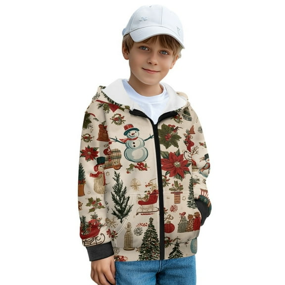 FKELYI Vintage Christmas Tree Snowman Print Zip Up Hoodies Kids Sweatshirt with 2 Pockets Girls Fleece Hooded Activewear Boys Fall Winter Clothes for Sport Travel, M