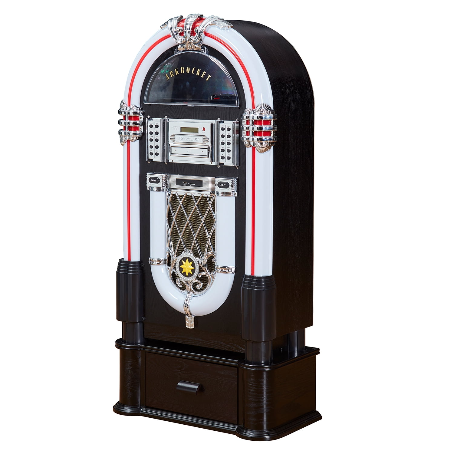 Arkrocket Taurus II Medium Size Jukebox Vinyl Record Player Bluetooth USB SD CD Player Radio Retro Turntable Classic Jukebox (Taurus II with Stand - Black)