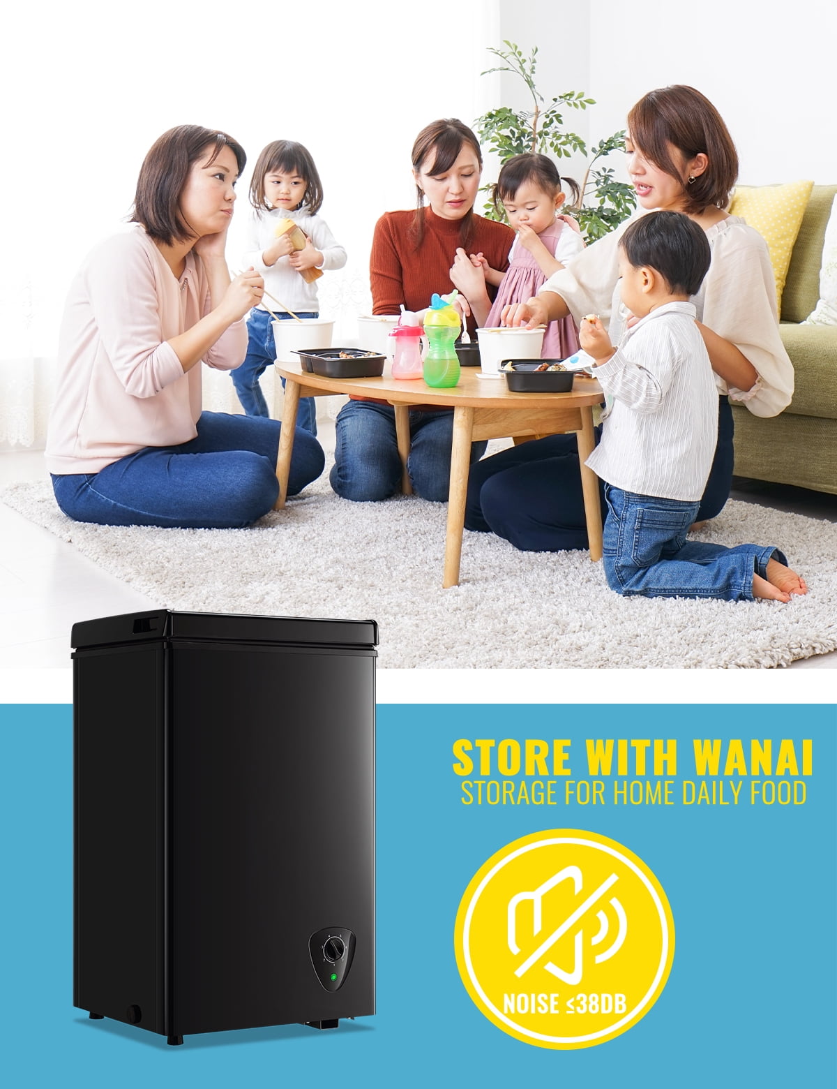 WANAI 60L Chest Freezer with 7 Gears Temp Control, Black Deep Freezers Space-saving two baskets