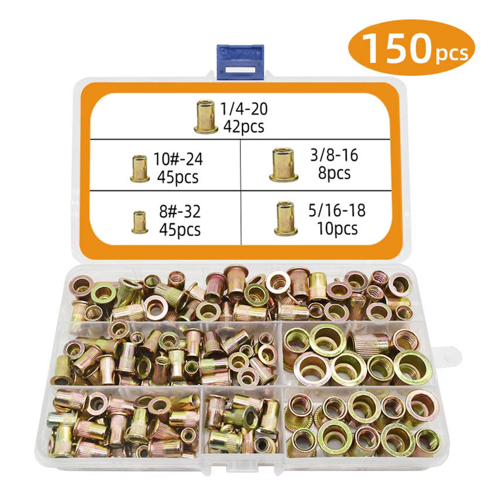 150/230Pcs SAE & Metric Rivets Nut Kit Carbon Steel Flat for Head Threaded Insert Nuts 8#-32 10#-24 1/4-20 5/16-18 3/8-1