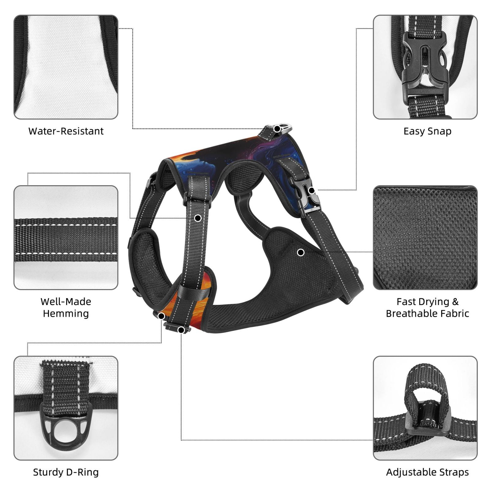 Vsdgher Red And Blue Abstract Pattern Dog Harness,No Pull Pet Harness with Soft Padded Handle,Adjustable Reflective Vest with 2 Buckles,4 Slide Buckles,S-XL Medium