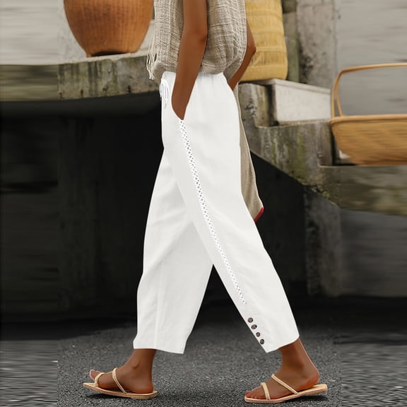 Yoga Capris for Women with Pockets Women Linen Pants with Pockets High Waist Comfy Ankle Length Pants Casual Summer Lightweight Loose Cropped Trousers White S