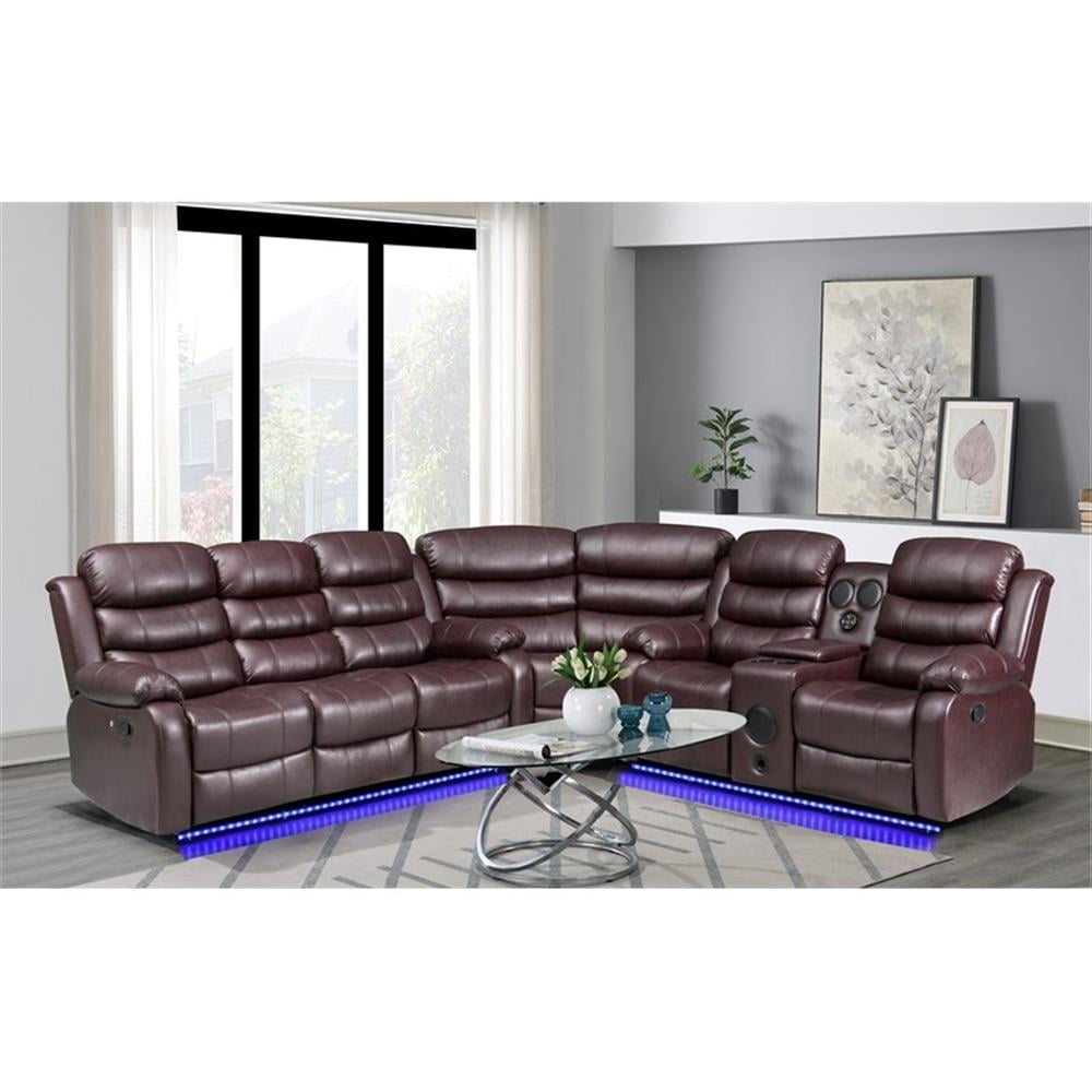 Pemberley Row Vegan Leather Brown Reclining Sectional Rectangular USB Power Sound System Unassembled