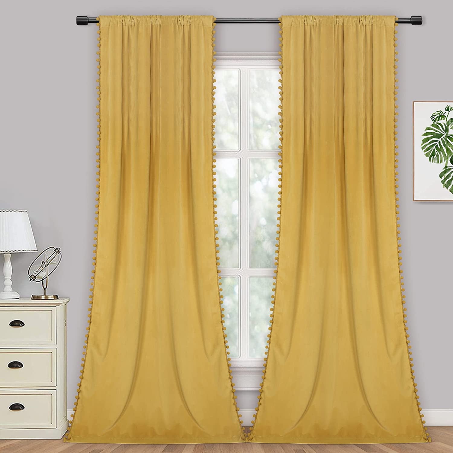 Nursery Velvet Curtains 108 inches Extra Long Room Darkening Pom Pom