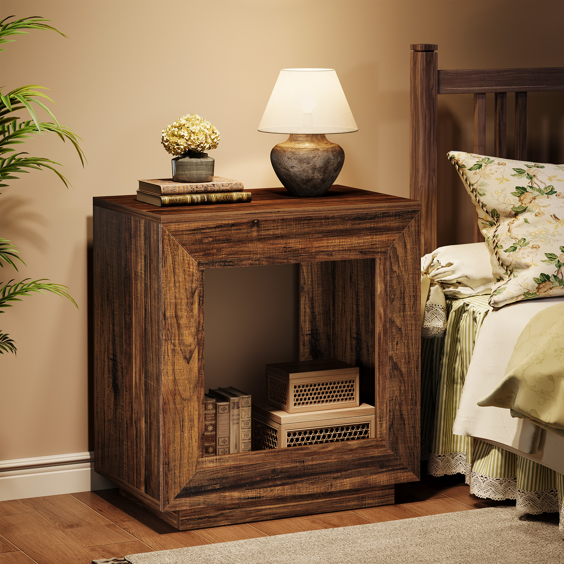 Fnova End Table Farmhouse Square Side Table with Storage, Wooden Sofa Table with Central Hollow Design, Modern Bedside Table, Easy Assembly, for Living Room, Bedroom, Nightstand, Dark Walnut