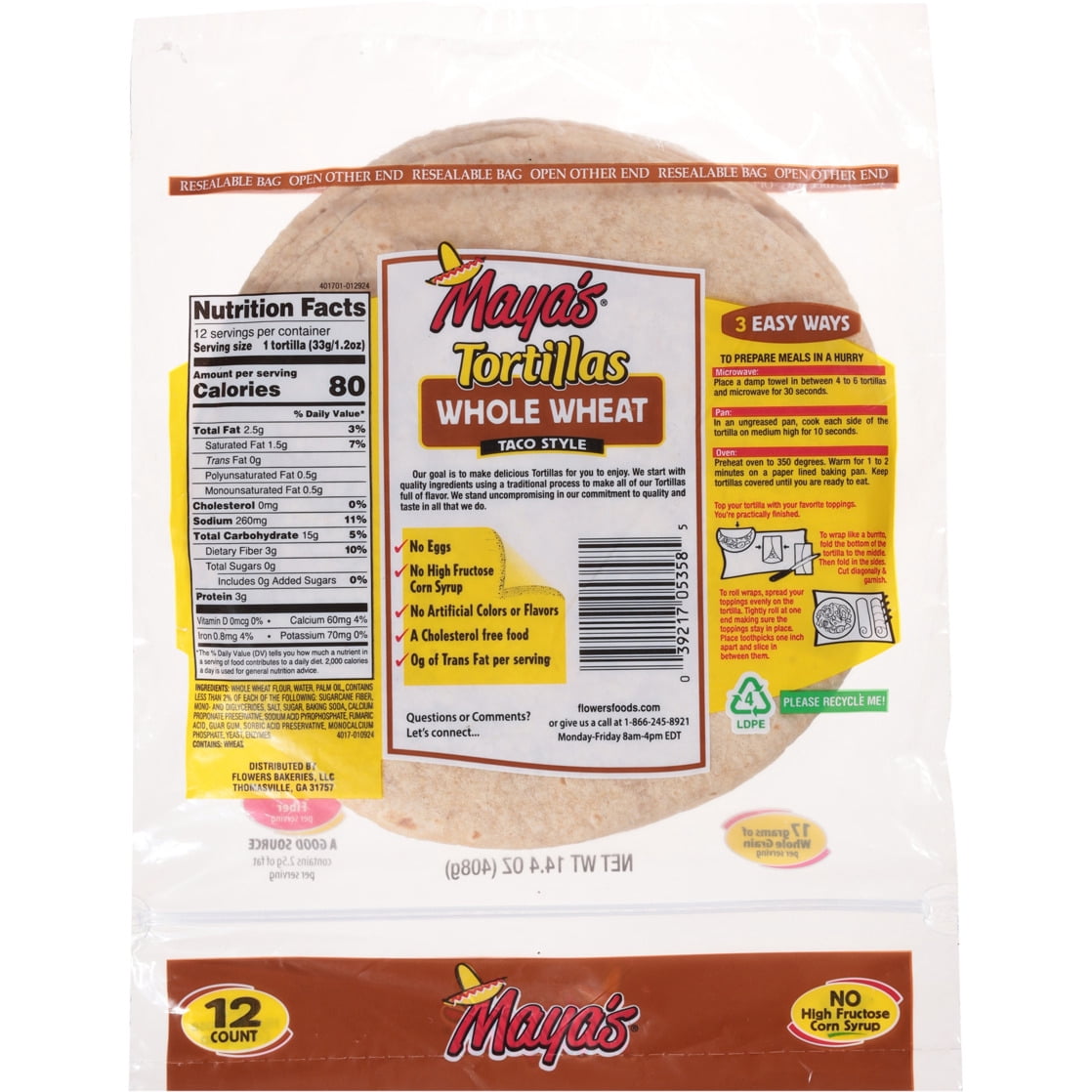 Maya's Whole Wheat Taco Style 7 Inch Flour Tortillas 12 Each