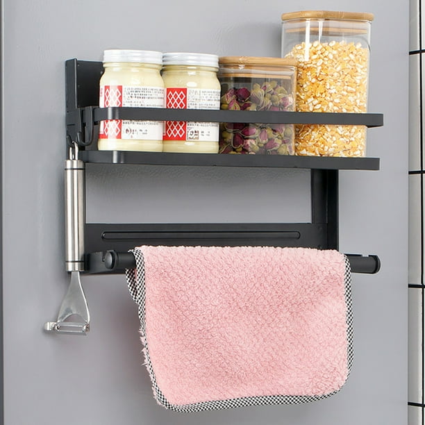 Estante magnético para refrigerador | Estante de pared plegable para especias, film transparente y botellas | Organizador de 2 niveles con toallero | Juego de 1 pieza