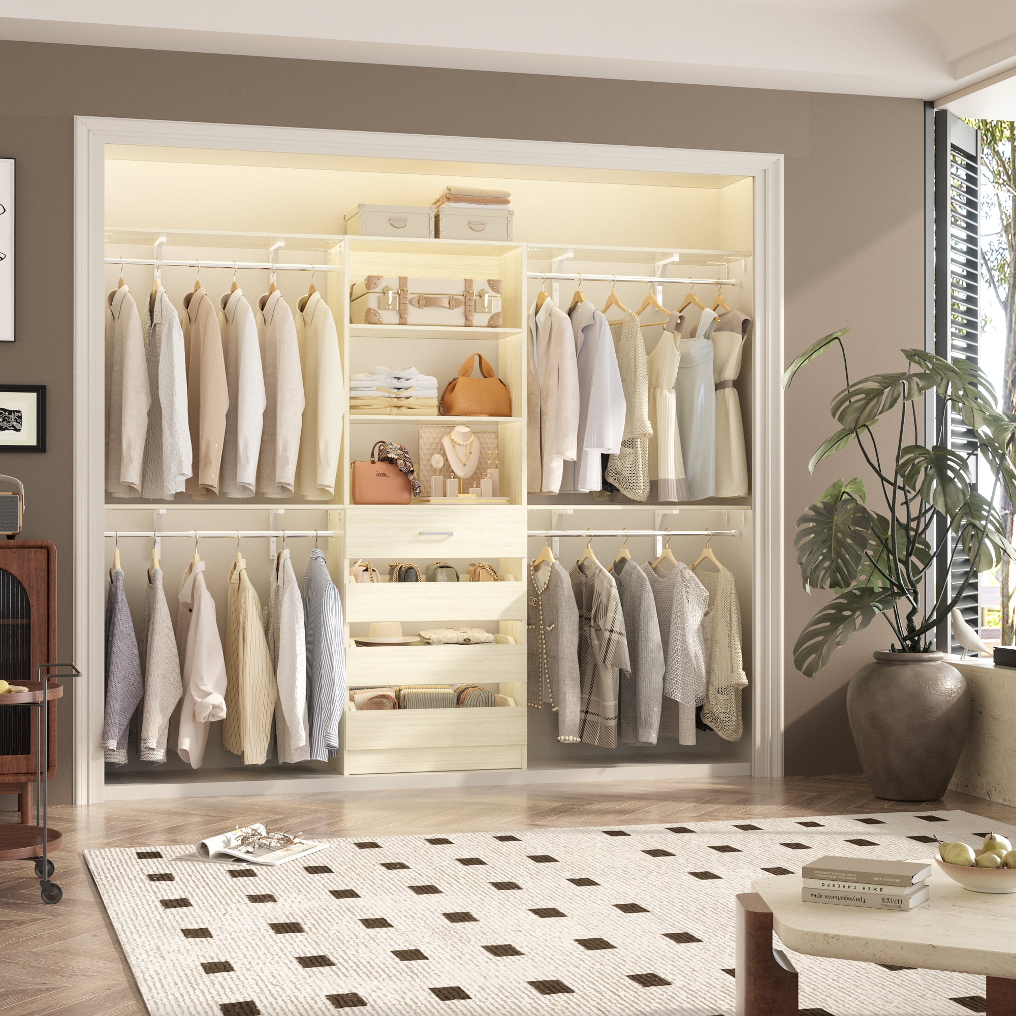 Homieasy 8FT Closet Organizer System with 4 Wooden Drawers & Hanging Rods ,Wooden Heavy-Duty Wardrobe Rack,Adjustable Storage Tower for Walk-In Closets ,White Oak