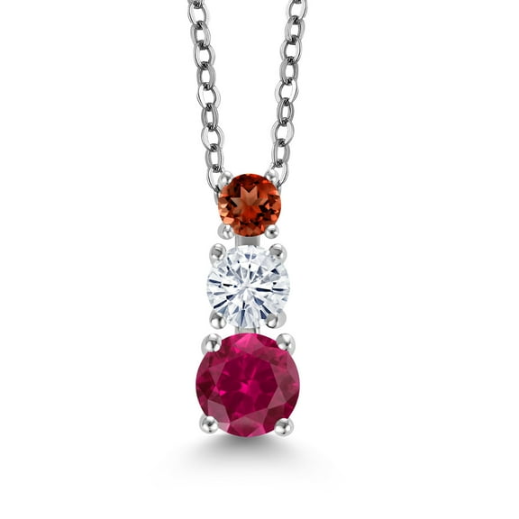 Gem Stone King Red Created Ruby White Moissanite Red Garnet 3 Stone Pendant Necklace for Women (0.98 cttw, Gemstone Birthstone, Round 5MM, 4MM and 3MM, with 18 inch Chain)