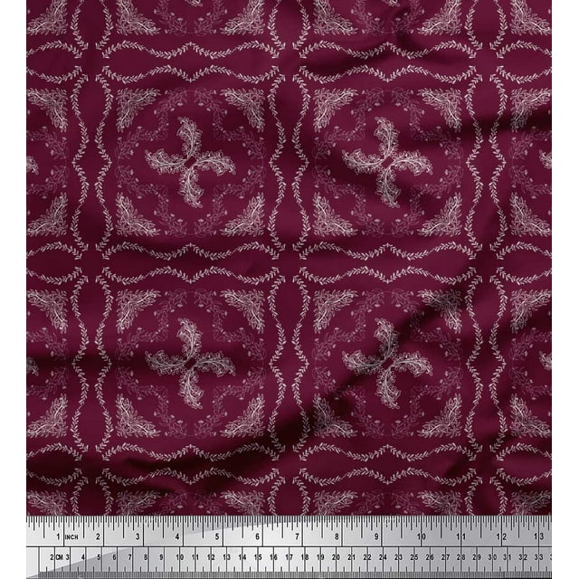 Soimoi Purple polyester Crepe Fabric Floral & Leaves Printed Fabric 1 Yard 52 Inch Wide