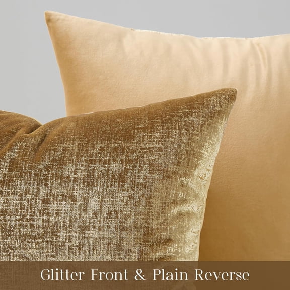 KEFENL-Pack of 2 Sparkling Velvet Decorative Solid Throw Decorative Pillow Cover Soft Gold Glitter Square Cushion Cover Pillowcase for Couch Bed and Chair, Gold, 18 x 18 inches, 45 x 45 cm
