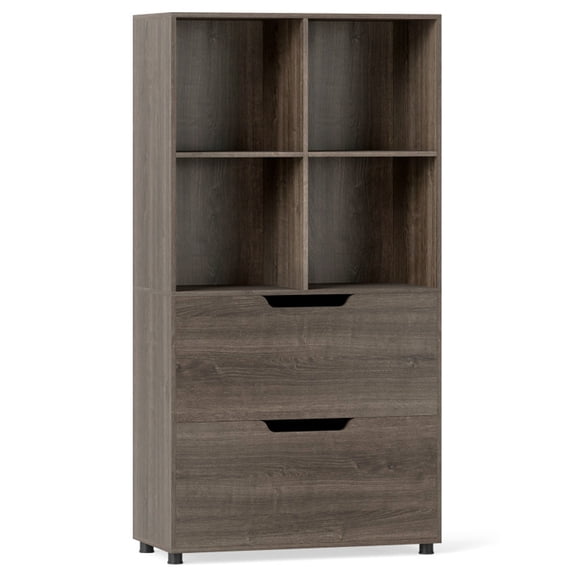 Furnibear Bookcase with Drawers and 4 Open Cubes, 2 Wide Pull-Out Compartments on Raised Support Legs for Book Storage and Display in a Living Room or Office, Gray