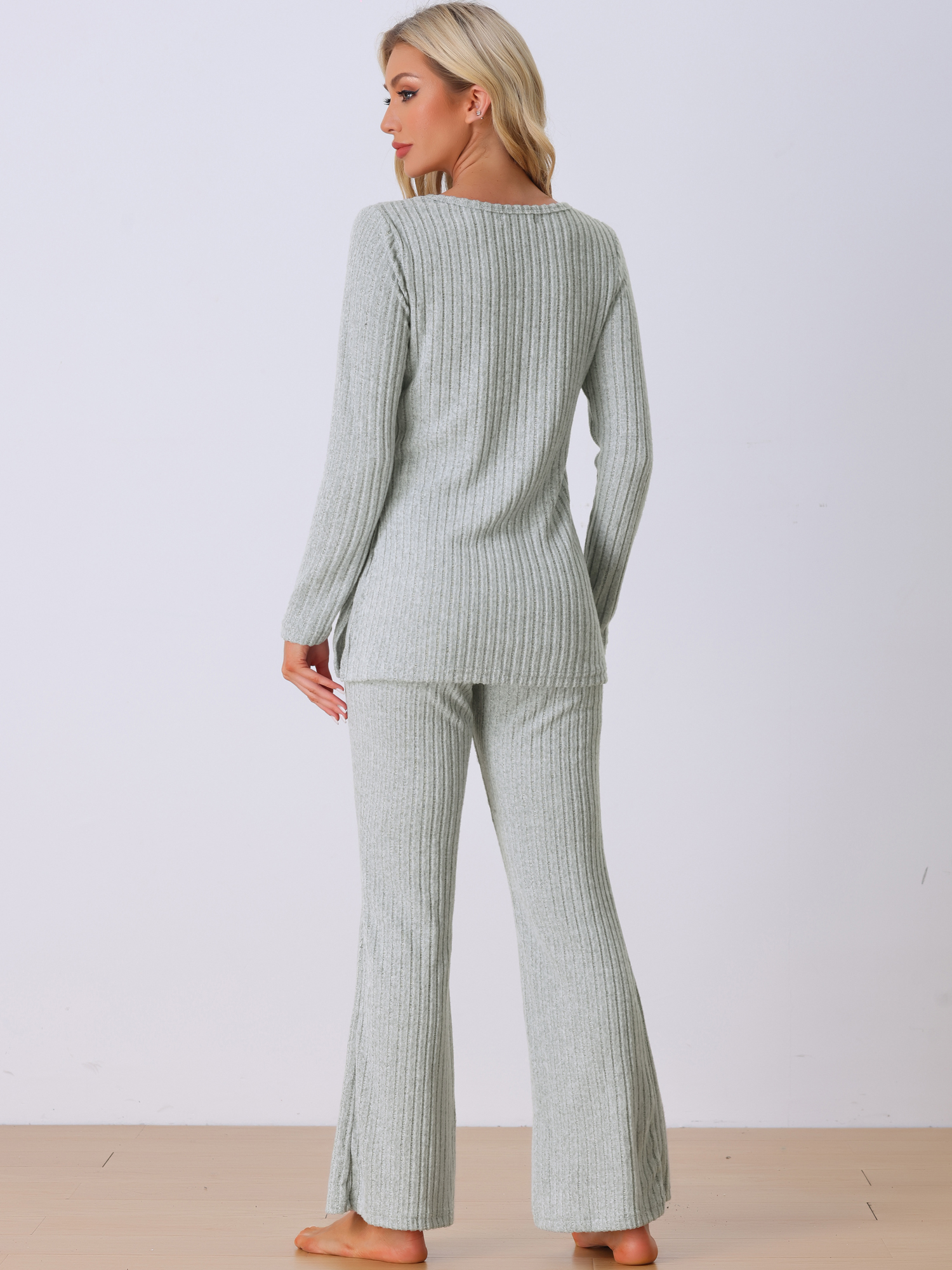 DARING DIVA Women's Ribbed Knit Lounge Set Pajama Sets Matching Outfits L Gray