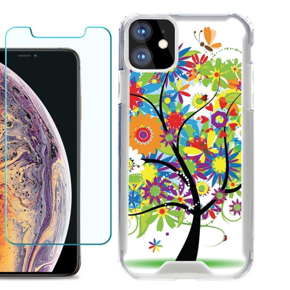 For Apple iPhone 11 Case, Hybrid Bumper Phone Case, with Tempered Glass Screen Protector, by OneToughShield ® - Colorful Tree